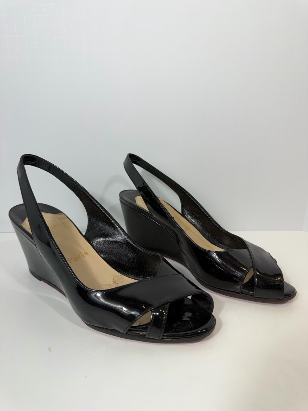 Christian Louboutin Black Patent Leather Peep Toe Slingback Wedge Heels Sz 8